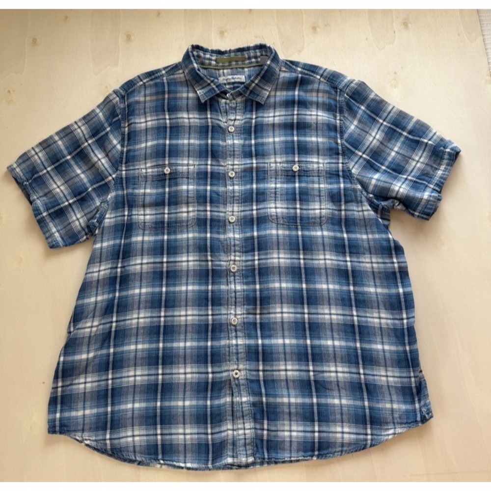 Tommy Bahama Mens XXL Blue White Plaid Short Sleeve Dual Lux Cotton Button Shirt